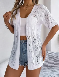 Clearance Women's Sweater Cardigan Casual Soft Pure Color Ribbed Open Front Knitted Hole Long Sleeve Long Tops Knit Outdoor Daily Weekend White Pink Summer Women Blouses & Shirts