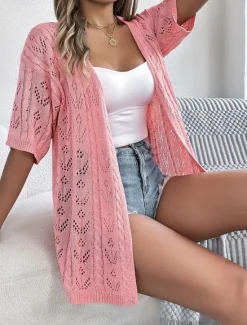 Clearance Women's Sweater Cardigan Casual Soft Pure Color Ribbed Open Front Knitted Hole Long Sleeve Long Tops Knit Outdoor Daily Weekend White Pink Summer Women Blouses & Shirts