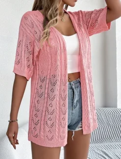 Clearance Women's Sweater Cardigan Casual Soft Pure Color Ribbed Open Front Knitted Hole Long Sleeve Long Tops Knit Outdoor Daily Weekend White Pink Summer Women Blouses & Shirts