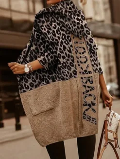 Hot Women's Sweater Cardigan Casual Soft Leopard Ribbed V Neck Pocket Knitted Print Long Sleeve Long Tops Knit Outdoor Daily Weekend Brown Light Grey Fall Winter Women Cardigans & Outerwears