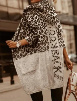 Hot Women's Sweater Cardigan Casual Soft Leopard Ribbed V Neck Pocket Knitted Print Long Sleeve Long Tops Knit Outdoor Daily Weekend Brown Light Grey Fall Winter Women Cardigans & Outerwears