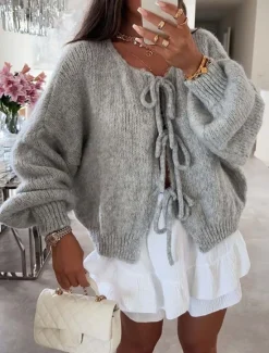 Sale Women's Sweater Cardigan Casual Soft Pure Color Ribbed Crew Neck Knitted Long Sleeve Regular Tops Knit Outdoor Daily Weekend Pink Beige Fall Winter Women Cardigans & Outerwears