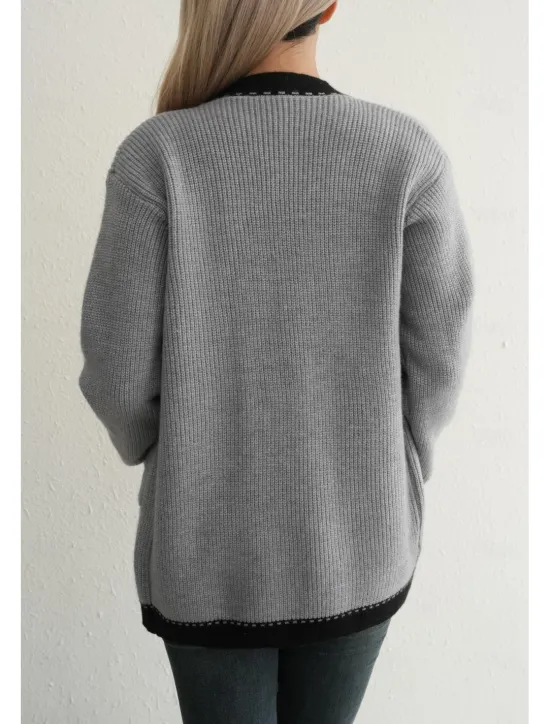Women's Sweater Cardigan Casual Solid Color Color Block Shirt Collar Knitted Long Sleeve Long Tops Knit Work Black Gray Fall Winter Women Cardigans & Outerwears