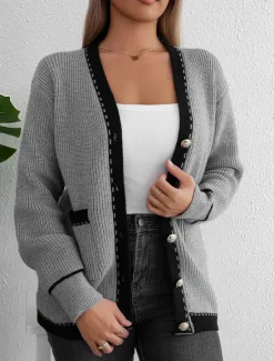 Women's Sweater Cardigan Casual Solid Color Color Block Shirt Collar Knitted Long Sleeve Long Tops Knit Work Black Gray Fall Winter Women Cardigans & Outerwears