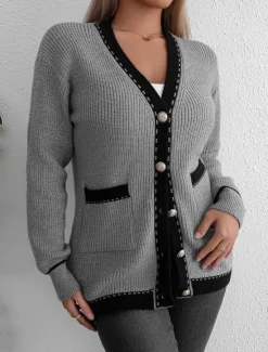 Women's Sweater Cardigan Casual Solid Color Color Block Shirt Collar Knitted Long Sleeve Long Tops Knit Work Black Gray Fall Winter Women Cardigans & Outerwears