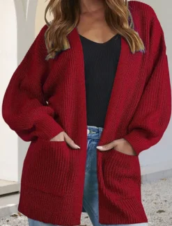 Clearance Women's Sweater Cardigan Casual Soft Pure Color Ribbed Open Front Pocket Knitted Long Sleeve Regular Tops Knit Outdoor Daily Weekend Pink Red Fall Winter Women Cardigans & Outerwears