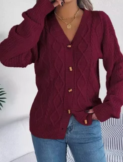 Online Women's Sweater Cardigan Casual Soft Pure Color Ribbed V Neck Buttons Pocket Knitted Long Sleeve Regular Tops Knit Outdoor Daily Weekend White Pink Fall Winter Women Cardigans & Outerwears