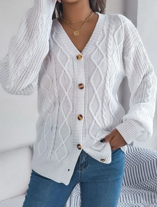 Online Women's Sweater Cardigan Casual Soft Pure Color Ribbed V Neck Buttons Pocket Knitted Long Sleeve Regular Tops Knit Outdoor Daily Weekend White Pink Fall Winter Women Cardigans & Outerwears
