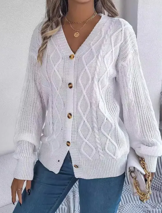 Online Women's Sweater Cardigan Casual Soft Pure Color Ribbed V Neck Buttons Pocket Knitted Long Sleeve Regular Tops Knit Outdoor Daily Weekend White Pink Fall Winter Women Cardigans & Outerwears