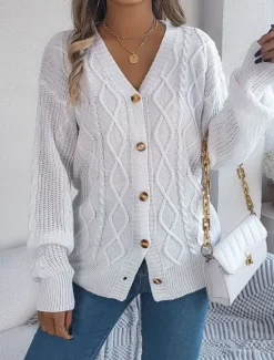 Online Women's Sweater Cardigan Casual Soft Pure Color Ribbed V Neck Buttons Pocket Knitted Long Sleeve Regular Tops Knit Outdoor Daily Weekend White Pink Fall Winter Women Cardigans & Outerwears