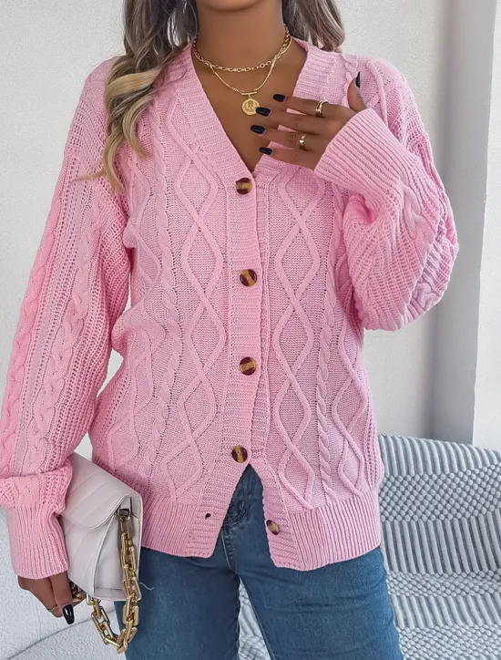 Online Women's Sweater Cardigan Casual Soft Pure Color Ribbed V Neck Buttons Pocket Knitted Long Sleeve Regular Tops Knit Outdoor Daily Weekend White Pink Fall Winter Women Cardigans & Outerwears