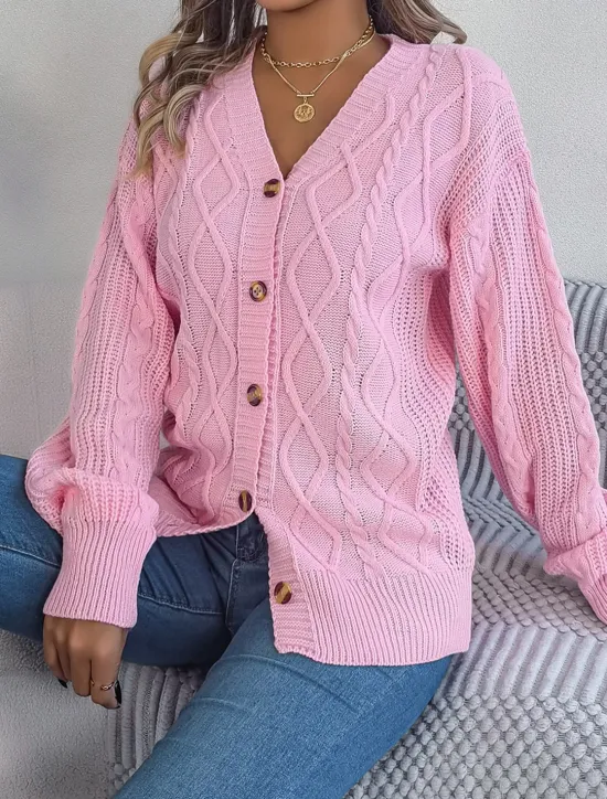 Online Women's Sweater Cardigan Casual Soft Pure Color Ribbed V Neck Buttons Pocket Knitted Long Sleeve Regular Tops Knit Outdoor Daily Weekend White Pink Fall Winter Women Cardigans & Outerwears