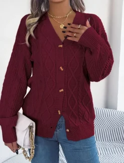 Online Women's Sweater Cardigan Casual Soft Pure Color Ribbed V Neck Buttons Pocket Knitted Long Sleeve Regular Tops Knit Outdoor Daily Weekend White Pink Fall Winter Women Cardigans & Outerwears