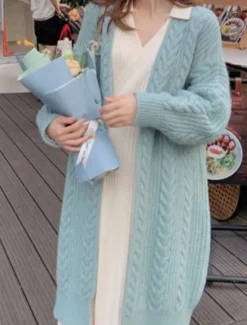 Sale Women's Sweater Cardigan Casual Soft Pure Color Cable Open Front Knitted Long Sleeve Long Tops Knit Outdoor Daily Weekend Blue Apricot Fall Winter Women Cardigans & Outerwears