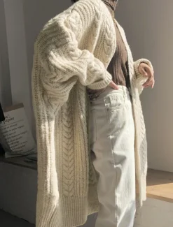 Sale Women's Sweater Cardigan Casual Soft Pure Color Cable Open Front Knitted Long Sleeve Long Tops Knit Outdoor Daily Weekend Blue Apricot Fall Winter Women Cardigans & Outerwears