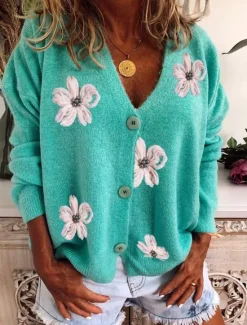 Sale Women's Sweater Cardigan Casual Soft Floral Ribbed V Neck Buttons Knitted Long Sleeve Regular Tops Knit Outdoor Daily Weekend Red Green Fall Winter Women Cardigans & Outerwears