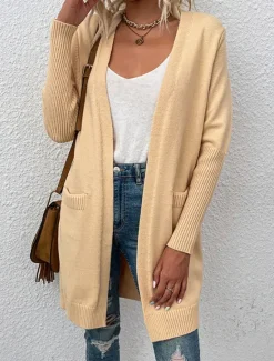 Online Women's Sweater Cardigan Casual Soft Pure Color Ribbed Open Front Pocket Knitted Long Sleeve Long Tops Knit Outdoor Daily Weekend Khaki Fall Winter Women Cardigans & Outerwears