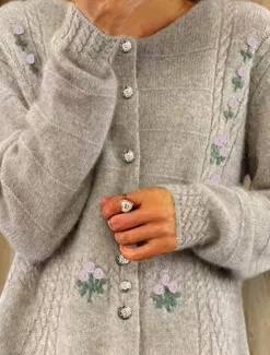 Online Women's Sweater Cardigan Crew Neck Cable Knit Embroidered Buttons Knitted Drop Shoulder Spring Fall Home Daily Holiday Vintage Daily Soft Long Sleeve Floral Pure Color Camel Beige Women Cardigans & Outerwears