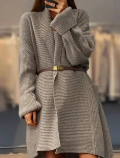Discount Women's Sweater Cardigan Casual Soft Pure Color Ribbed Open Front Pocket Knitted Long Sleeve Long Tops Knit Outdoor Daily Weekend Khaki Beige Fall Winter Women Cardigans & Outerwears
