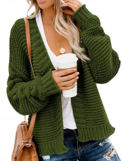 Clearance Women's Sweater Cardigan Casual Soft Pure Color Ribbed V Neck Knitted Long Sleeve Regular Tops Knit Outdoor Daily Weekend Army Green Blue Fall Winter Women Cardigans & Outerwears