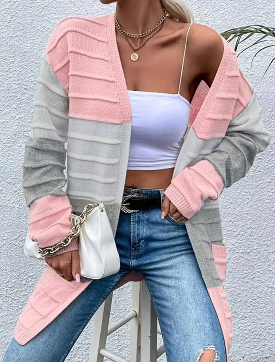 Sale Women's Sweater Cardigan Casual Soft Color Block Ribbed Open Front Pocket Knitted Long Sleeve Long Tops Knit Outdoor Daily Weekend Pink Orange Fall Winter Women Cardigans & Outerwears
