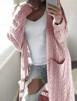 Outlet Women's Sweater Cardigan Casual Soft Pure Color Cable Open Front Pocket Knitted Long Sleeve Long Tops Knit Outdoor Daily Weekend White Pink Fall Winter Women Cardigans & Outerwears