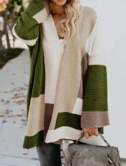 Women's Sweater Cardigan Casual Soft Striped Ribbed Open Front Knitted Long Sleeve Long Tops Knit Outdoor Daily Weekend Wine Brown Fall Winter Women Cardigans & Outerwears