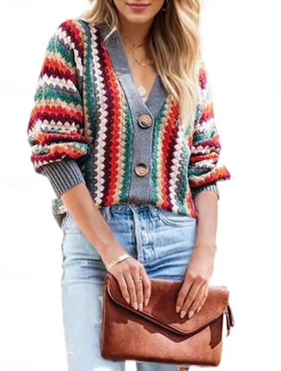 Online Women's Sweater Cardigan Casual Soft Geometric Ribbed V Neck Buttons Knitted Long Sleeve Regular Tops Knit Outdoor Daily Weekend Fall Winter Women Cardigans & Outerwears