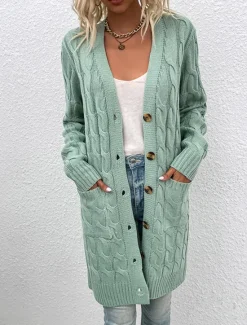 Clearance Women's Sweater Cardigan Casual Soft Pure Color Ribbed V Neck Pocket Knitted Long Sleeve Long Tops Knit Outdoor Daily Weekend Red Green Fall Winter Women Cardigans & Outerwears