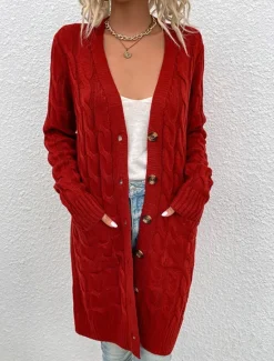Clearance Women's Sweater Cardigan Casual Soft Pure Color Ribbed V Neck Pocket Knitted Long Sleeve Long Tops Knit Outdoor Daily Weekend Red Green Fall Winter Women Cardigans & Outerwears