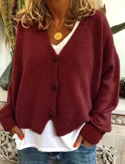 Women's Sweater Cardigan Casual Soft Pure Color Ribbed V Neck Buttons Knitted Long Sleeve Regular Tops Knit Outdoor Daily Weekend Wine Green Fall Winter Women Cardigans & Outerwears|Pullovers & Tops