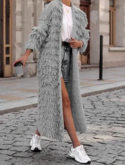 Sale Women's Sweater Cardigan Casual Soft Pure Color Ribbed Open Front Tassel Knitted Long Sleeve Long Tops Knit Outdoor Daily Weekend Black Khaki Fall Winter Women Cardigans & Outerwears