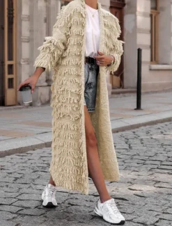 Sale Women's Sweater Cardigan Casual Soft Pure Color Ribbed Open Front Tassel Knitted Long Sleeve Long Tops Knit Outdoor Daily Weekend Black Khaki Fall Winter Women Cardigans & Outerwears