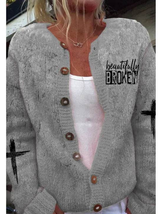 Hot Women's Sweater Cardigan Casual Letter Ribbed Crew Neck Buttons Knitted Long Sleeve Long Tops Knit Daily Going out Weekend Black White Spring Women Cardigans & Outerwears