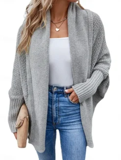 Best Women's Sweater Cardigan Casual Soft Pure Color Ribbed Open Front Knitted Batwing Sleeve Long Sleeve Regular Tops Knit Outdoor Daily Weekend Black Pink Fall Winter Women Cardigans & Outerwears