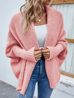 Best Women's Sweater Cardigan Casual Soft Pure Color Ribbed Open Front Knitted Batwing Sleeve Long Sleeve Regular Tops Knit Outdoor Daily Weekend Black Pink Fall Winter Women Cardigans & Outerwears