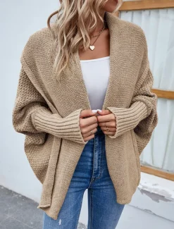 Best Women's Sweater Cardigan Casual Soft Pure Color Ribbed Open Front Knitted Batwing Sleeve Long Sleeve Regular Tops Knit Outdoor Daily Weekend Black Pink Fall Winter Women Cardigans & Outerwears