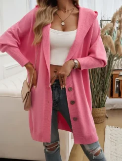 Sale Women's Sweater Cardigan Casual Soft Pure Color Ribbed Hooded Buttons Pocket Knitted Long Sleeve Long Tops Knit Outdoor Daily Weekend Black Fuchsia Fall Winter Women Cardigans & Outerwears
