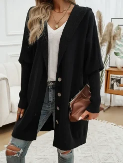 Sale Women's Sweater Cardigan Casual Soft Pure Color Ribbed Hooded Buttons Pocket Knitted Long Sleeve Long Tops Knit Outdoor Daily Weekend Black Fuchsia Fall Winter Women Cardigans & Outerwears