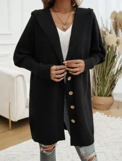 Sale Women's Sweater Cardigan Casual Soft Pure Color Ribbed Hooded Buttons Pocket Knitted Long Sleeve Long Tops Knit Outdoor Daily Weekend Black Fuchsia Fall Winter Women Cardigans & Outerwears