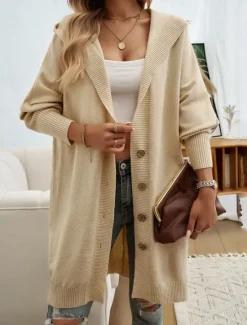 Sale Women's Sweater Cardigan Casual Soft Pure Color Ribbed Hooded Buttons Pocket Knitted Long Sleeve Long Tops Knit Outdoor Daily Weekend Black Fuchsia Fall Winter Women Cardigans & Outerwears