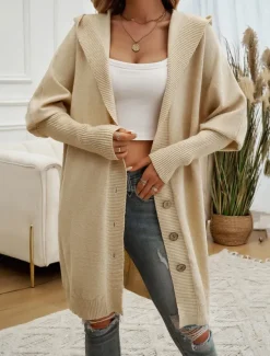 Sale Women's Sweater Cardigan Casual Soft Pure Color Ribbed Hooded Buttons Pocket Knitted Long Sleeve Long Tops Knit Outdoor Daily Weekend Black Fuchsia Fall Winter Women Cardigans & Outerwears
