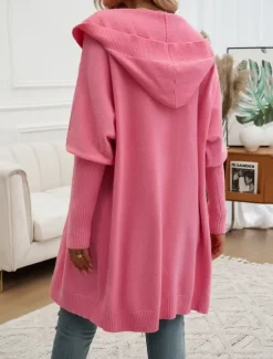 Sale Women's Sweater Cardigan Casual Soft Pure Color Ribbed Hooded Buttons Pocket Knitted Long Sleeve Long Tops Knit Outdoor Daily Weekend Black Fuchsia Fall Winter Women Cardigans & Outerwears
