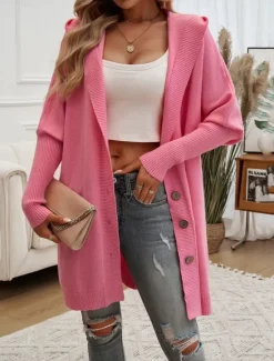 Sale Women's Sweater Cardigan Casual Soft Pure Color Ribbed Hooded Buttons Pocket Knitted Long Sleeve Long Tops Knit Outdoor Daily Weekend Black Fuchsia Fall Winter Women Cardigans & Outerwears