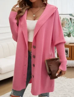 Sale Women's Sweater Cardigan Casual Soft Pure Color Ribbed Hooded Buttons Pocket Knitted Long Sleeve Long Tops Knit Outdoor Daily Weekend Black Fuchsia Fall Winter Women Cardigans & Outerwears