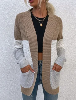 Best Women's Sweater Cardigan Casual Soft Color Block Ribbed Open Front Pocket Knitted Long Sleeve Regular Tops Knit Outdoor Daily Weekend Blue Khaki Fall Winter Women Cardigans & Outerwears