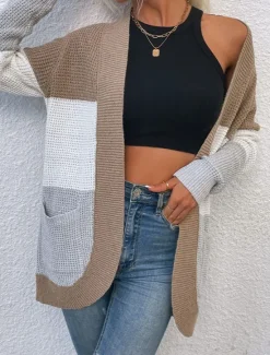 Best Women's Sweater Cardigan Casual Soft Color Block Ribbed Open Front Pocket Knitted Long Sleeve Regular Tops Knit Outdoor Daily Weekend Blue Khaki Fall Winter Women Cardigans & Outerwears