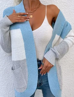 Best Women's Sweater Cardigan Casual Soft Color Block Ribbed Open Front Pocket Knitted Long Sleeve Regular Tops Knit Outdoor Daily Weekend Blue Khaki Fall Winter Women Cardigans & Outerwears