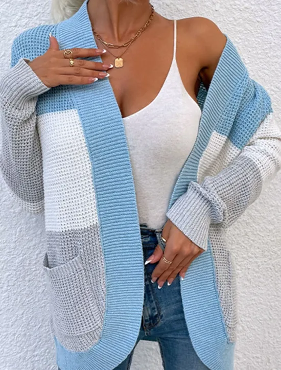 Best Women's Sweater Cardigan Casual Soft Color Block Ribbed Open Front Pocket Knitted Long Sleeve Regular Tops Knit Outdoor Daily Weekend Blue Khaki Fall Winter Women Cardigans & Outerwears