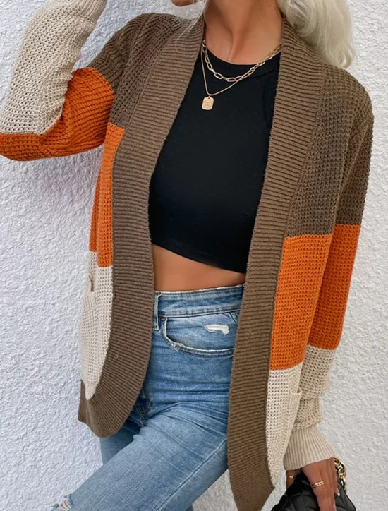 Best Women's Sweater Cardigan Casual Soft Color Block Ribbed Open Front Pocket Knitted Long Sleeve Regular Tops Knit Outdoor Daily Weekend Blue Khaki Fall Winter Women Cardigans & Outerwears